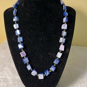 Necklace blue and white square chips, stone purple streaks, 20 inches